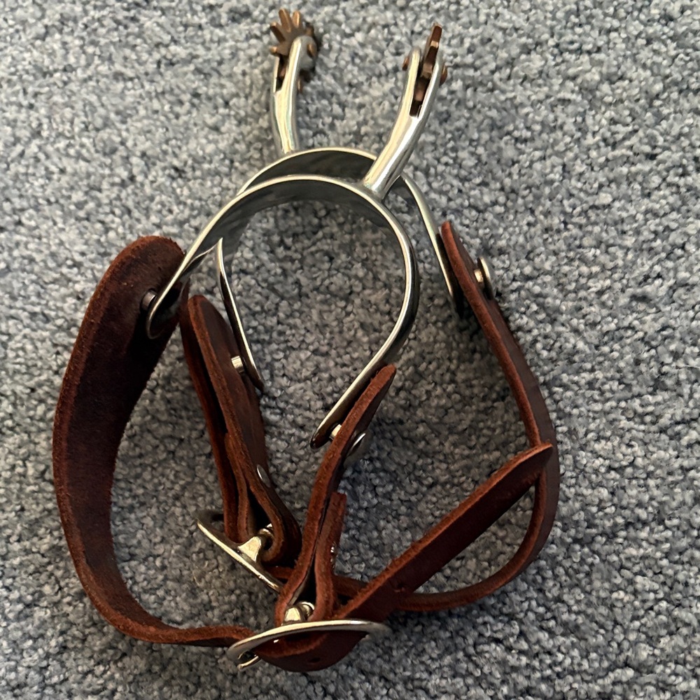 Western spurs with gold rawls and brown leather straps.